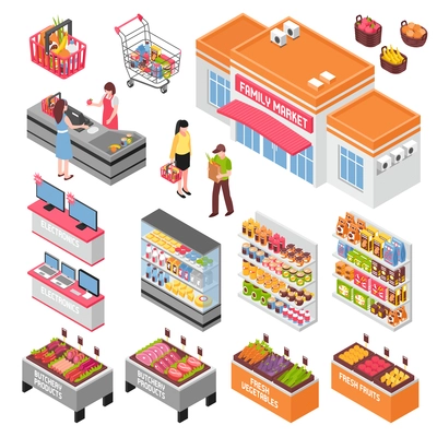 Supermarket isometric set with food and electronics symbols isolated vector illustration