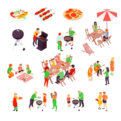 Family barbecue picnic isometric icons set with pizza  bbq charcoal grill and beef kebab skewers isolated vector illustration