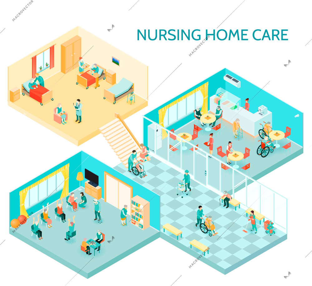 Nursing home care facility isometric composition with hall daily activities communication room canteen and bedroom vector illustration