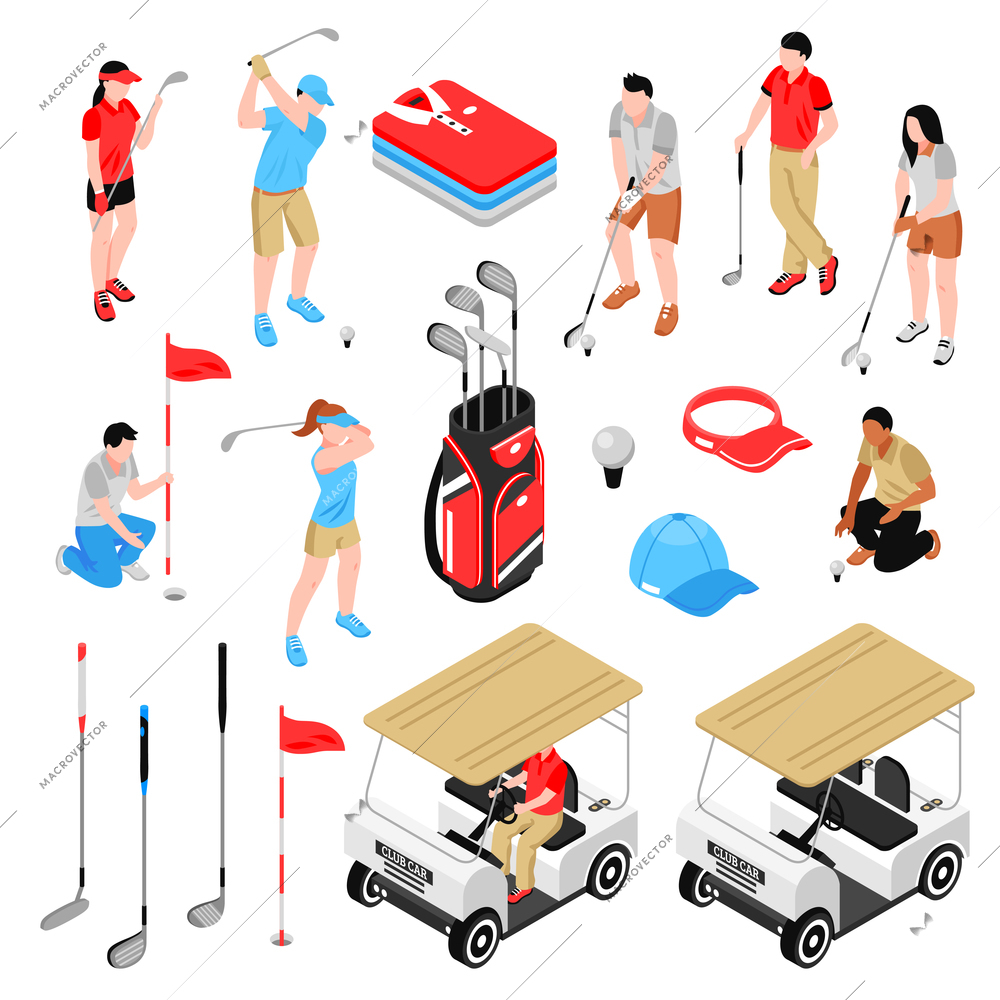 Golf isometric icons set with game symbol isolated vector illustration