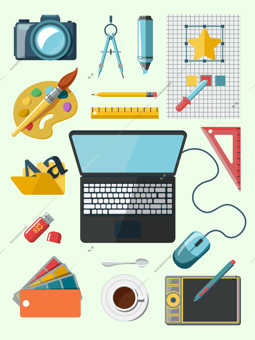 Graphic designer studio tools workplace icons set isolated vector illustration