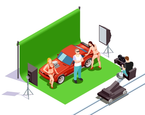 Operator shooting scene with man and two women in bikini standing near red automobile 3d isometric vector illustration