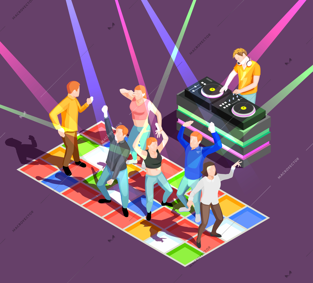 Party people dancing on colorful floor at disco 3d isometric vector illustration