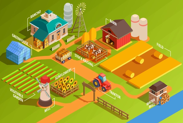 Colorful farm isometric infographics with rural buildings agricultural machinery garden and domestic animals 3d vector illustration