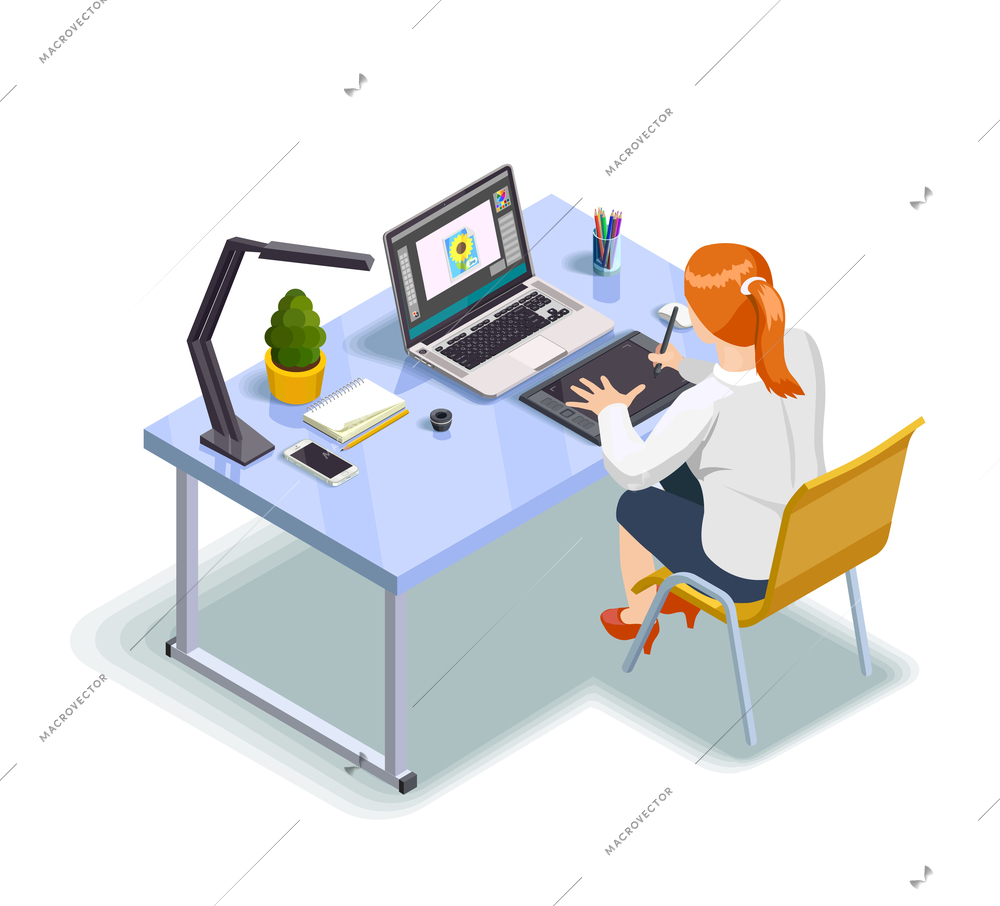 Female graphic designer working at her project 3d isometric vector illustration