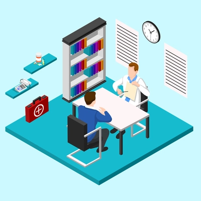 Isometric people doctor composition with human characters and consulting room interior with medical equipment and furniture vector illustration