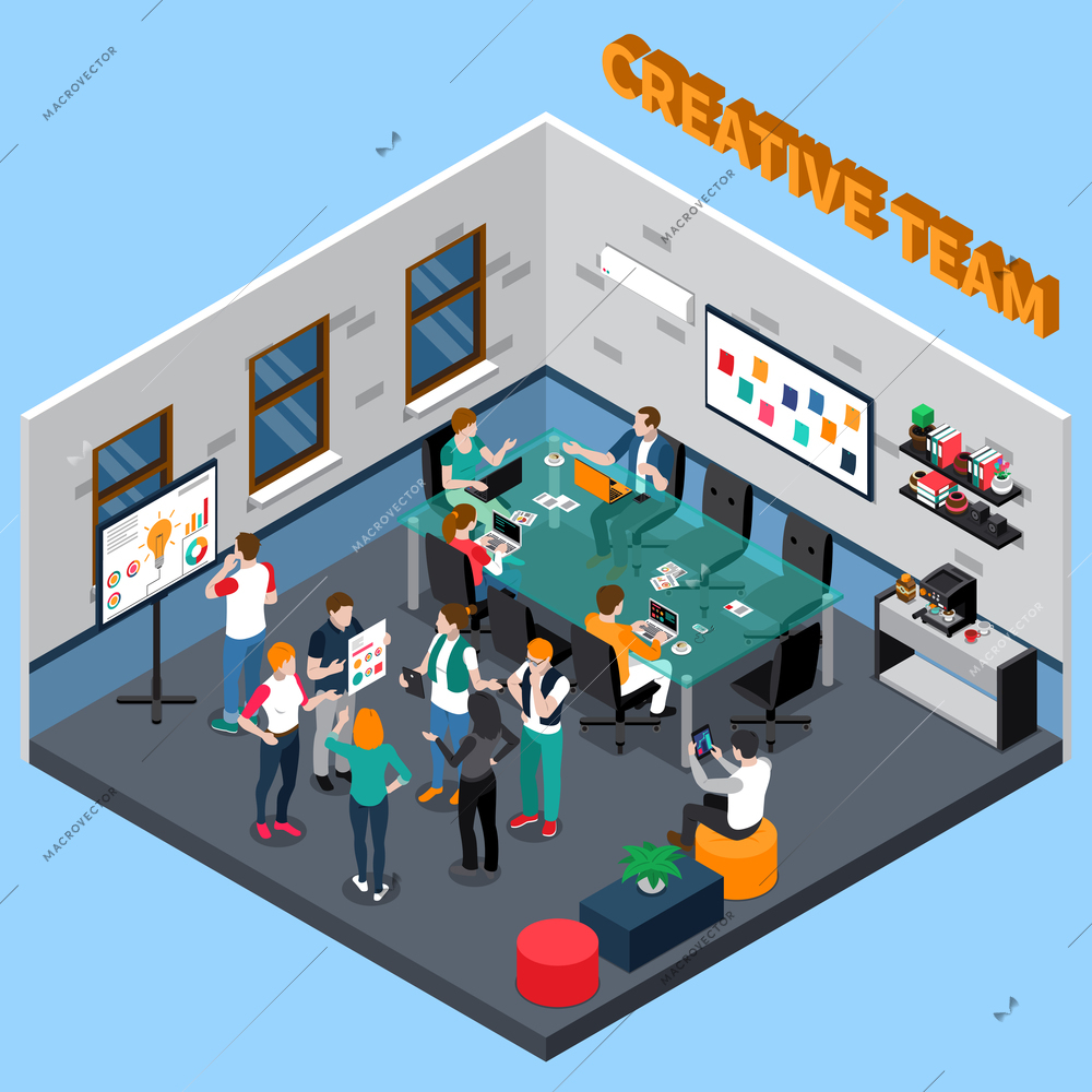 Creative team discusses project in office with glass table, coffee machine, boards with information isometric vector illustration