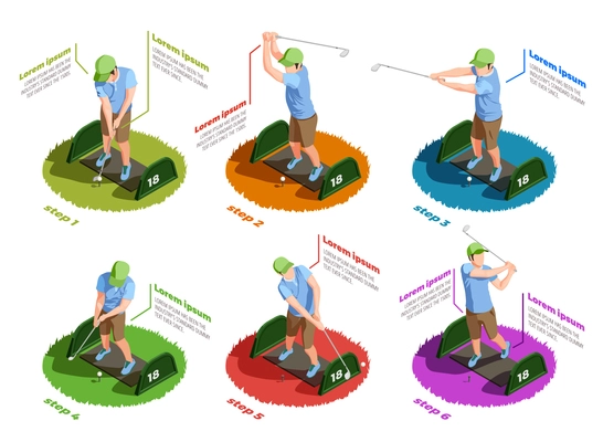 Golf colored isometric icons set of male players in different poses dealing putt with putters isolated vector illustration