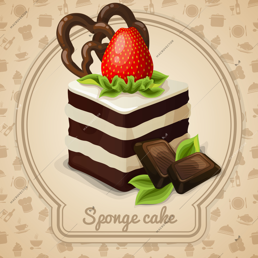 Sponge cake dessert with strawberry label and food cooking icons on background vector illustration