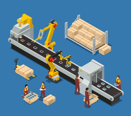 Electronics factory isometric composition with engineer monitoring robotic conveyor and workers stacking production into boxes vector illustration