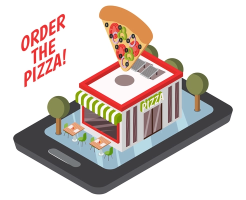 Online pizzeria isometric composition including restaurant building with street tables, trees on mobile device screen vector illustration