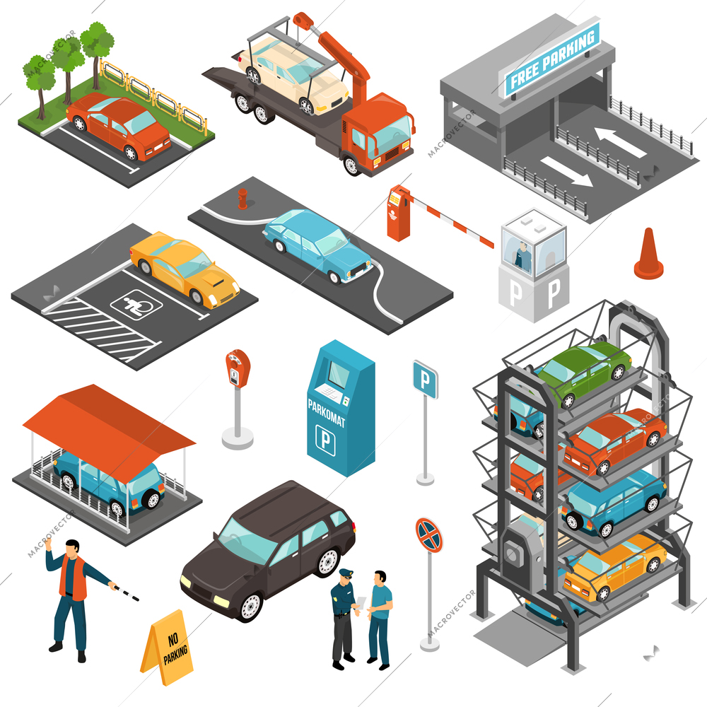 Colored isometric car parking icon set with different types of parking and payment terminals vector illustration