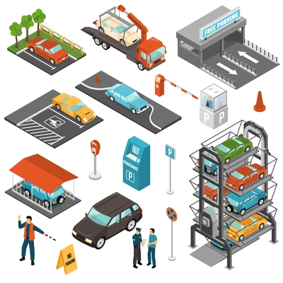 Colored isometric car parking icon set with different types of parking and payment terminals vector illustration