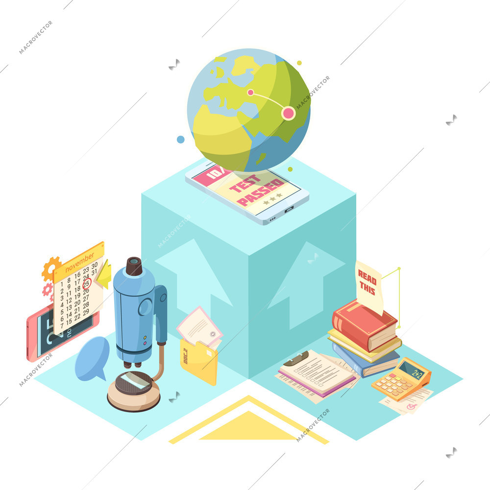 Distance education isometric design with globe, mobile device on blue cube, books, microscope and calculator  vector illustration