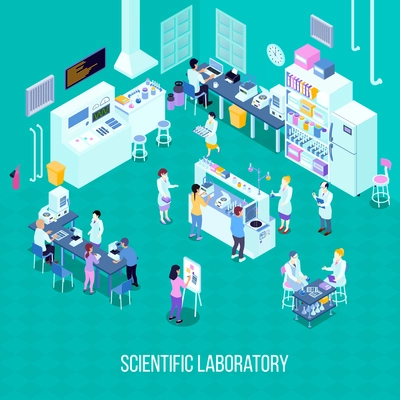 Laboratory isometric composition with staff, scientific equipment with computer technologies, chemical tools on turquoise background vector illustration