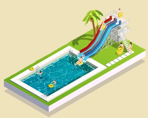 Water park isometric composition of images aquatic facility images swimming pool waterslide palm and human characters vector illustration