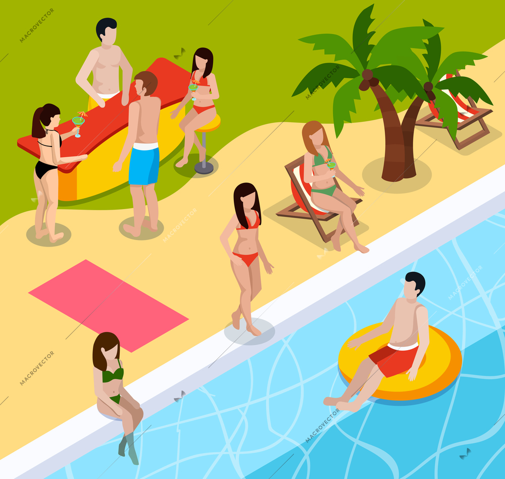 Colored pool rest isometric composition with people swim in pool at aqua park vector illustration