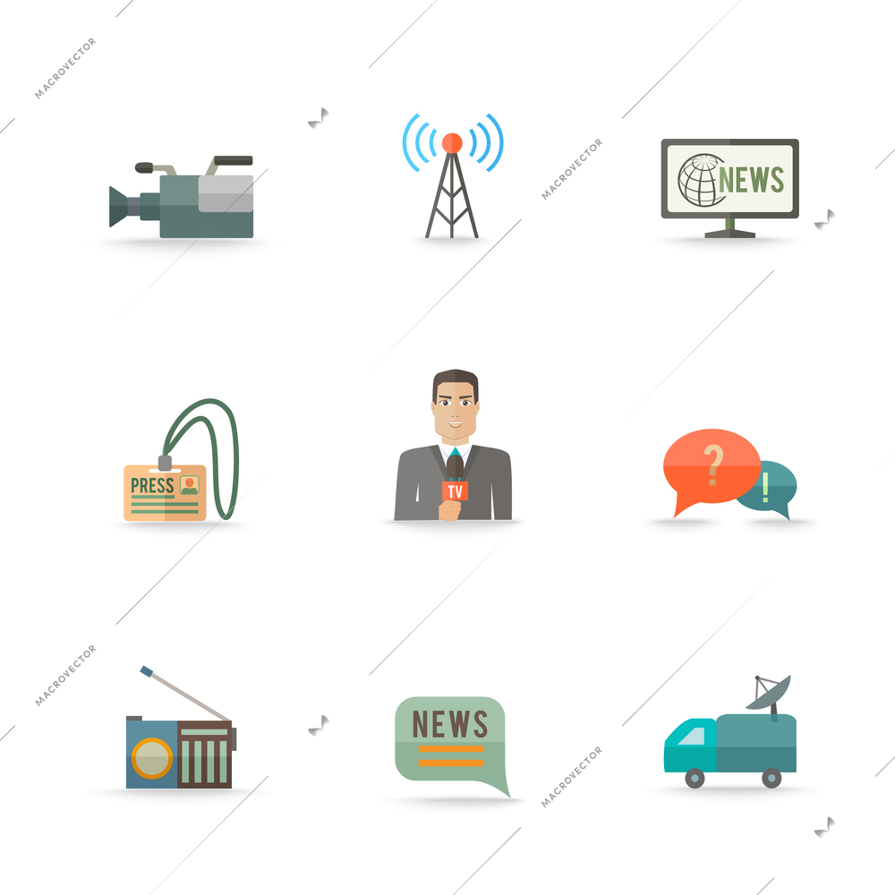 Decorative actual news live journalism operator strategic equipment camera logo card design icons set flat isolated illustration