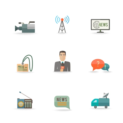 Decorative actual news live journalism operator strategic equipment camera logo card design icons set flat isolated illustration