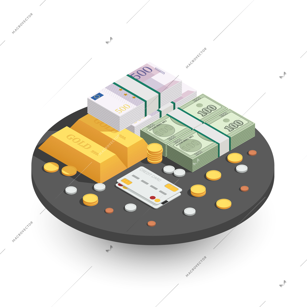 Payment methods round isometric composition with gold bars cash coins green banknotes and credit bankcard vector illustration