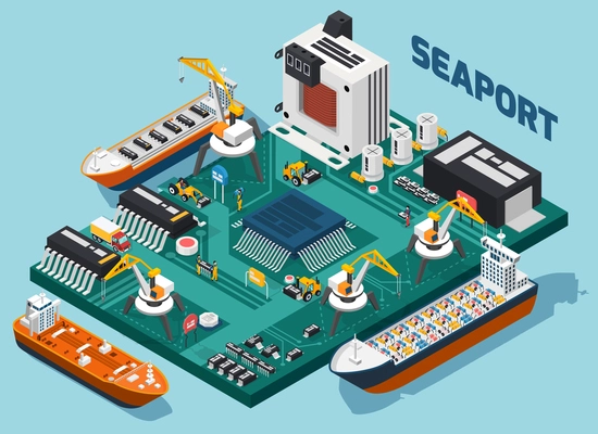 Colored semiconductor electronic components isometric seaport composition with tech elements combined in seaport vector illustration