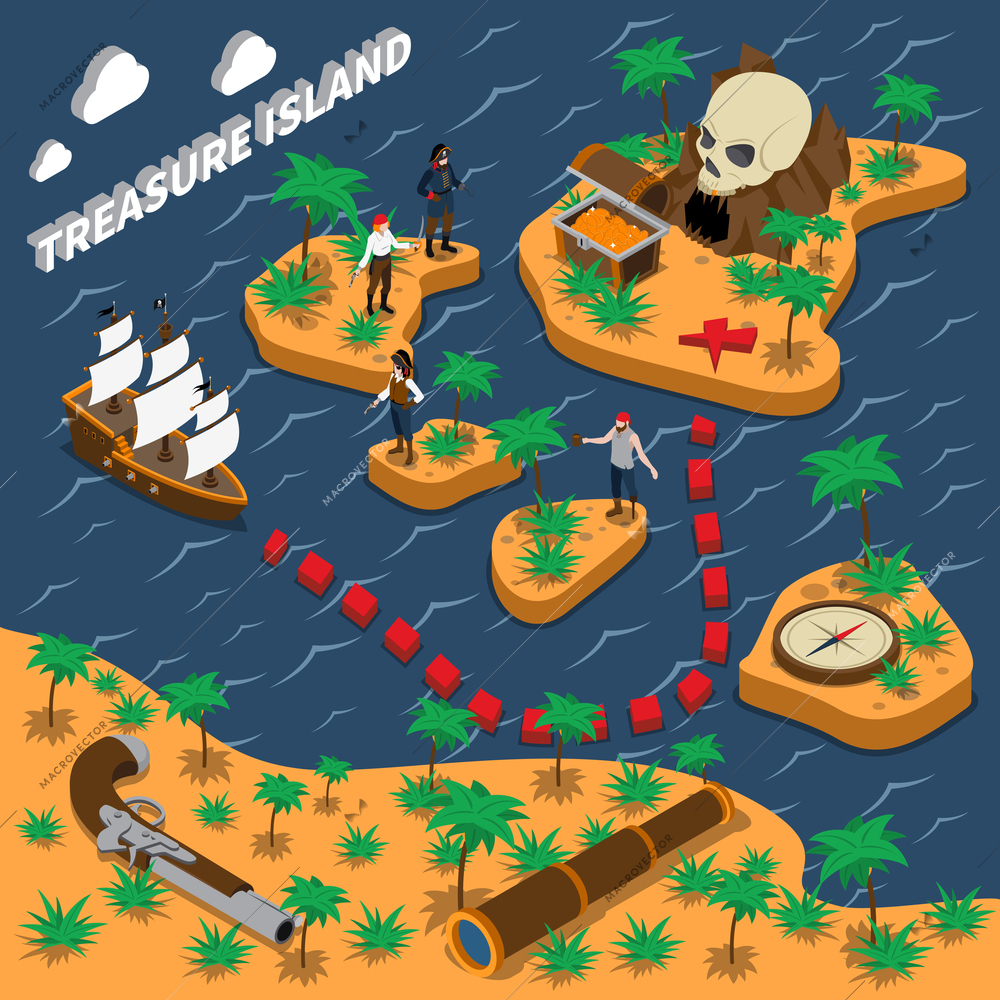 Treasure island isometric composition with sailing ship pirates trunk with golden coins compass handgun vector illustration