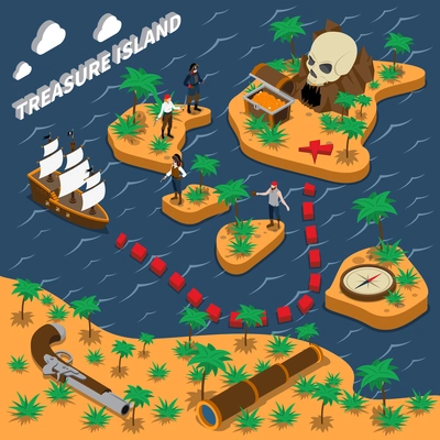 Treasure island isometric composition with sailing ship pirates trunk with golden coins compass handgun vector illustration