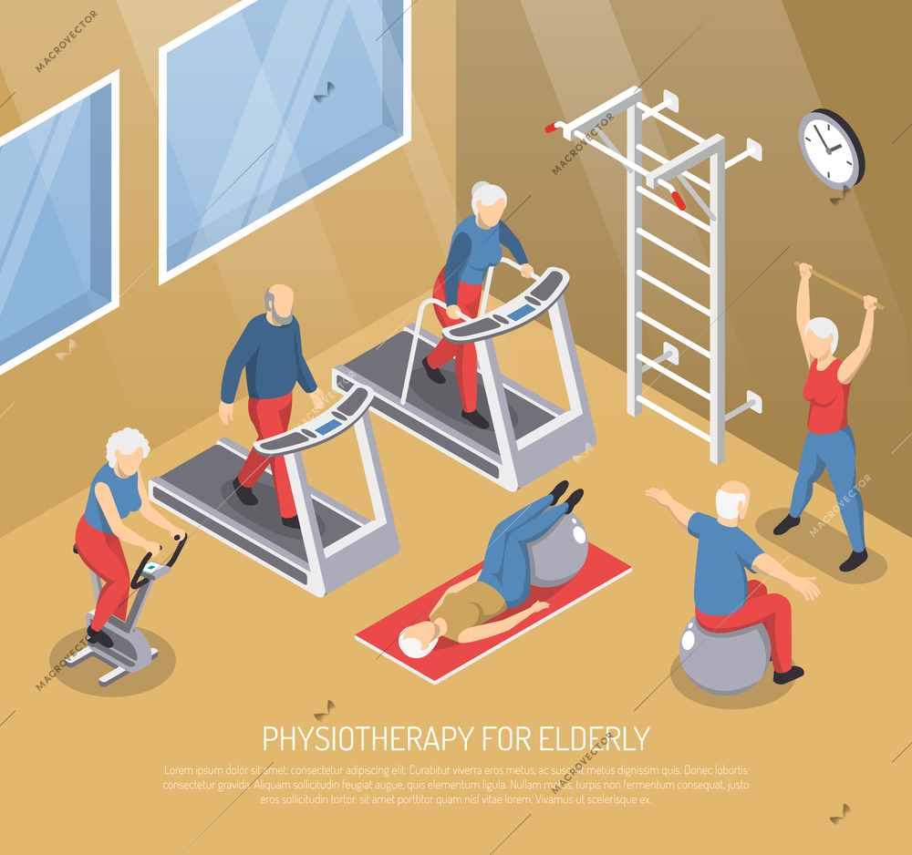Physiotherapy for elderly isometric vector illustration with seniors in gym doing rehabilitation exercises with use trainers and sport inventory