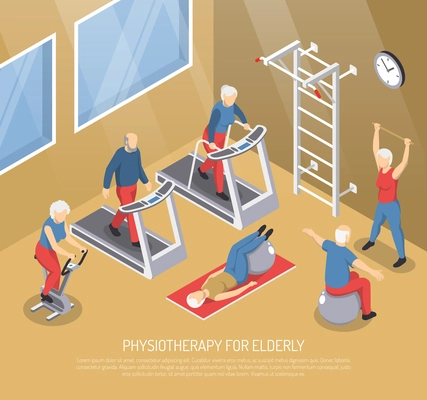 Physiotherapy for elderly isometric vector illustration with seniors in gym doing rehabilitation exercises with use trainers and sport inventory