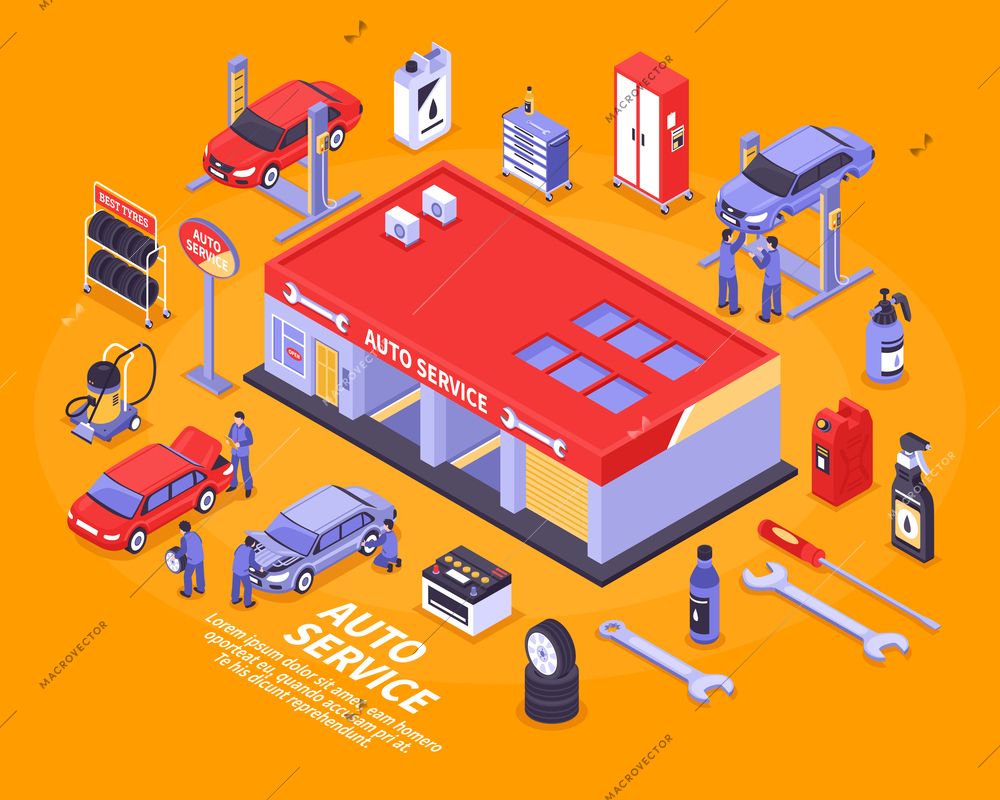 Isometric auto service center and various tools for repairing vehicles concept isolated on bright orange background 3d vector illustration