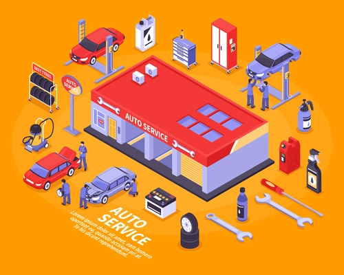 Isometric auto service center and various tools for repairing vehicles concept isolated on bright orange background 3d vector illustration