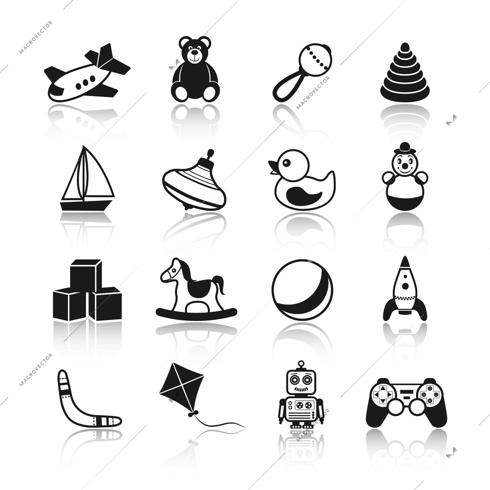 Black and white kid children toys icons set of airplane teddy bear rattle pyramid isolated vector illustration.