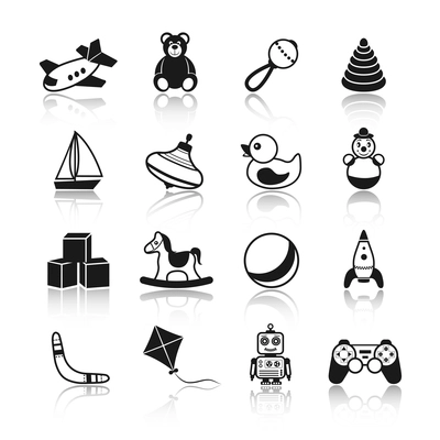 Black and white kid children toys icons set of airplane teddy bear rattle pyramid isolated vector illustration.