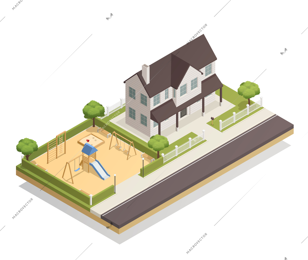 Children playground with swings, slide, sandbox, benches near residential house with green trees isometric composition vector illustration