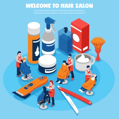 Colorful isometric concept with barbershop hairdressers their clients and equipment on blue background 3d vector illustration