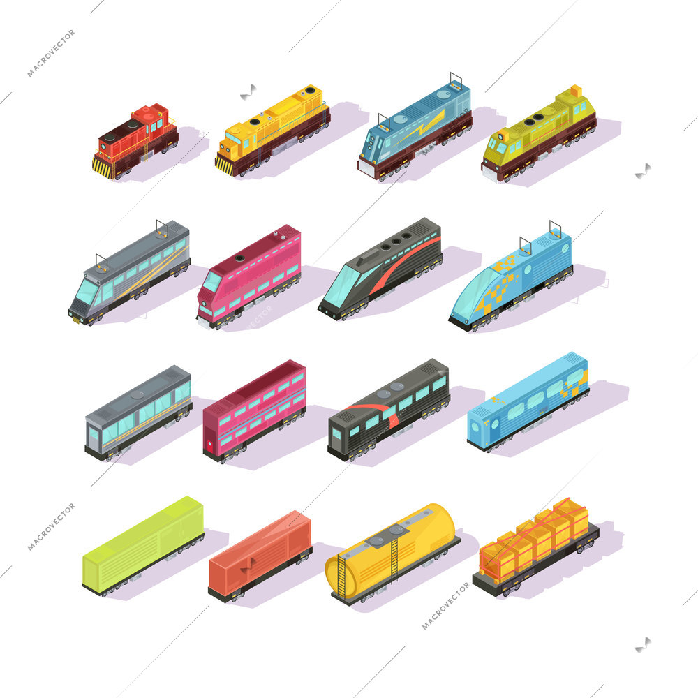 Trains isometric set of isolated colorful locomotive freight cars and passenger couch images with shadows vector illustration