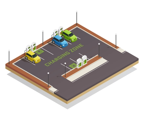 Ecology based economy green energy clean transportation isometric composition poster with electric vehicles charging station vector illustration