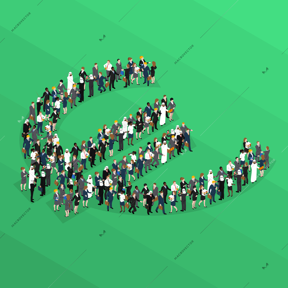 Crowd people isometric euro sign with crowd of people on a green lawn large or flashmob vector illustration