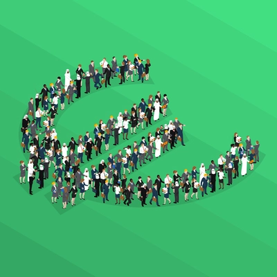 Crowd people isometric euro sign with crowd of people on a green lawn large or flashmob vector illustration