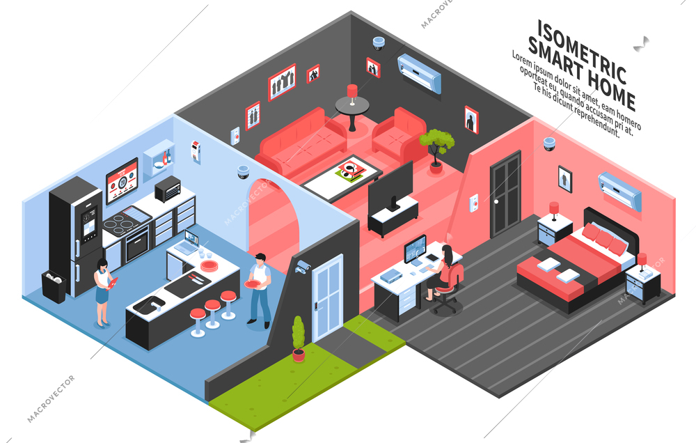 Colored isometric smart home composition with three room and technology at home vector illustration