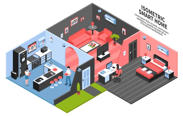 Colored isometric smart home composition with three room and technology at home vector illustration