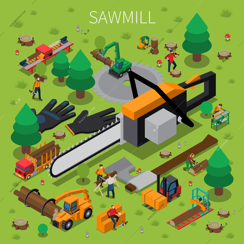 Sawmill timber mill lumberjack isometric composition with the abstract concept of logging process vector illustration