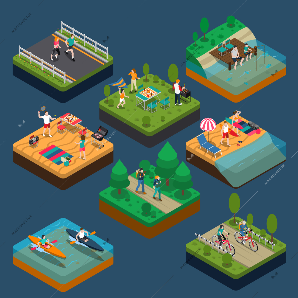 Isometric summer outdoor activity people composition with people who lead a sportive lifestyle vector illustration