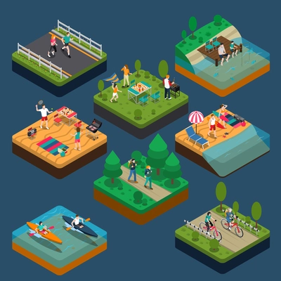 Isometric summer outdoor activity people composition with people who lead a sportive lifestyle vector illustration