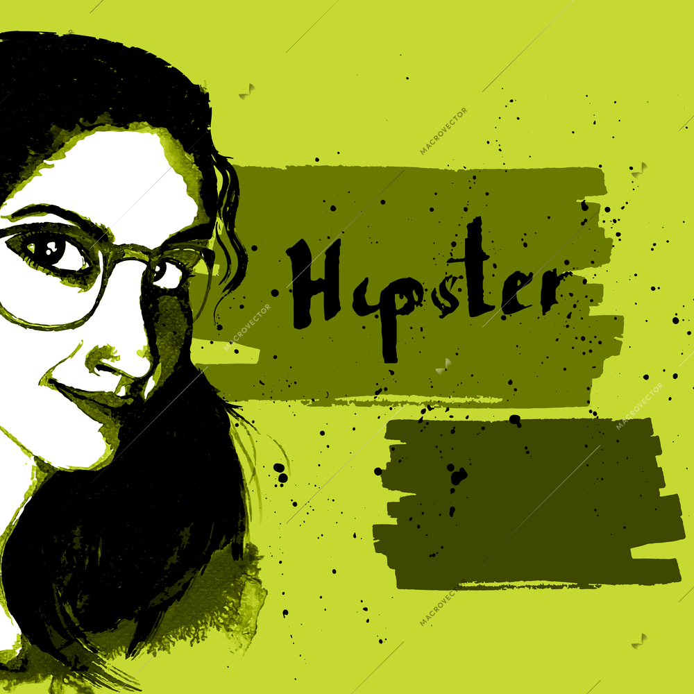 Smiling hipster character girl with glasses ink drawn poster vector illustration