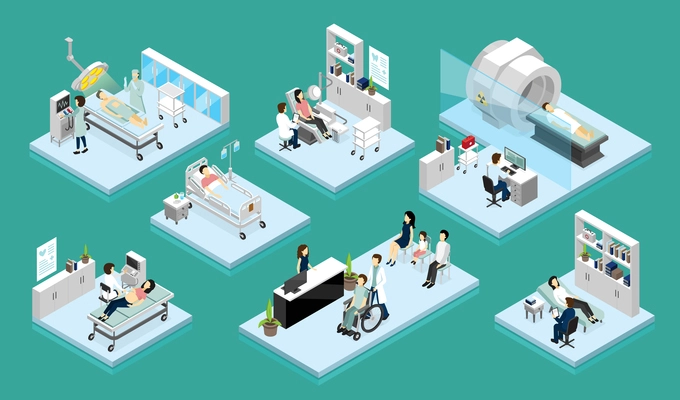 Set of isolated isometric compositions on theme doctor and patient with medical equipment for diagnostic surgery and rehabilitation vector illustration