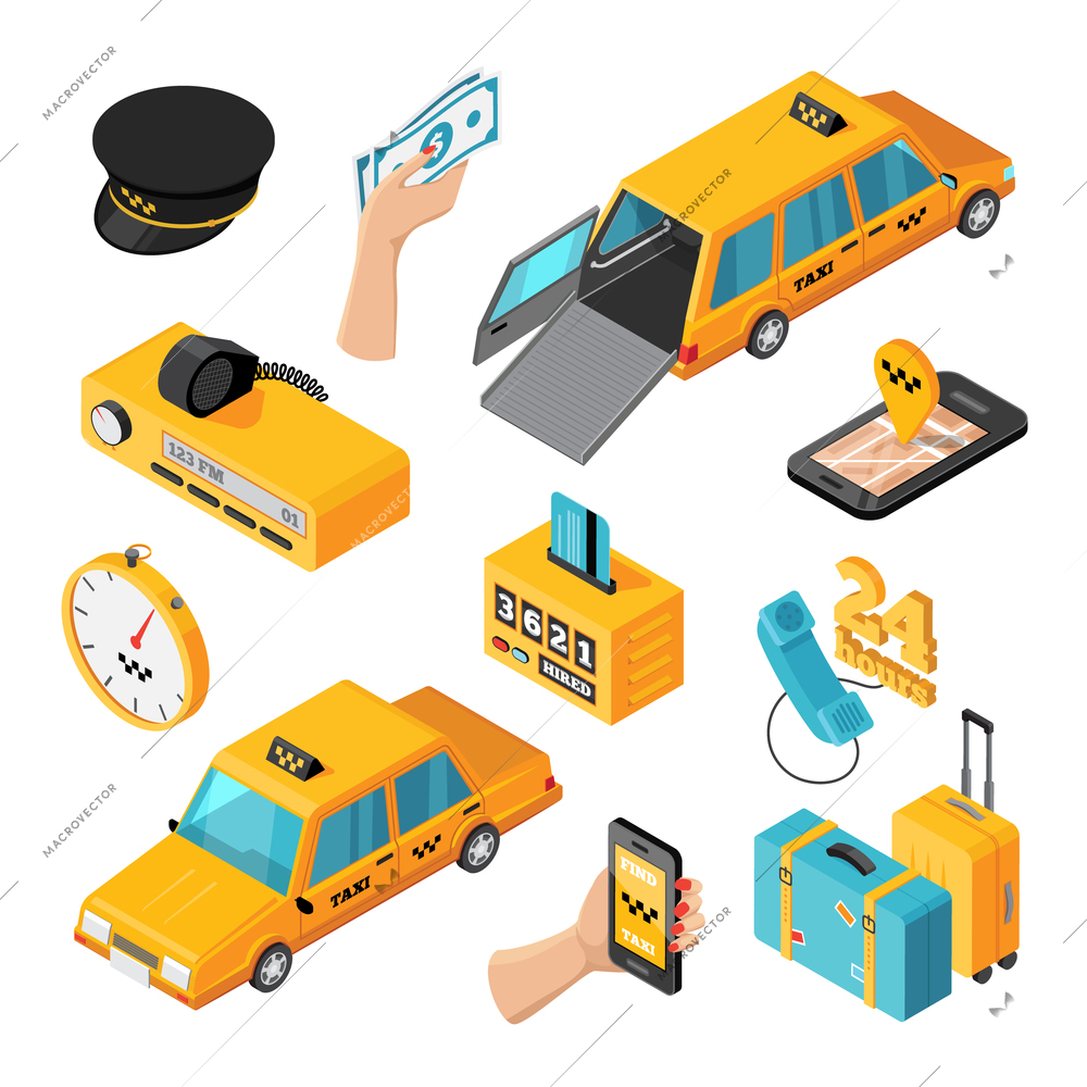 Taxi service isometric isolated icons set of different types of taxi cars mobile application for smartphone driver accessories vector illustration