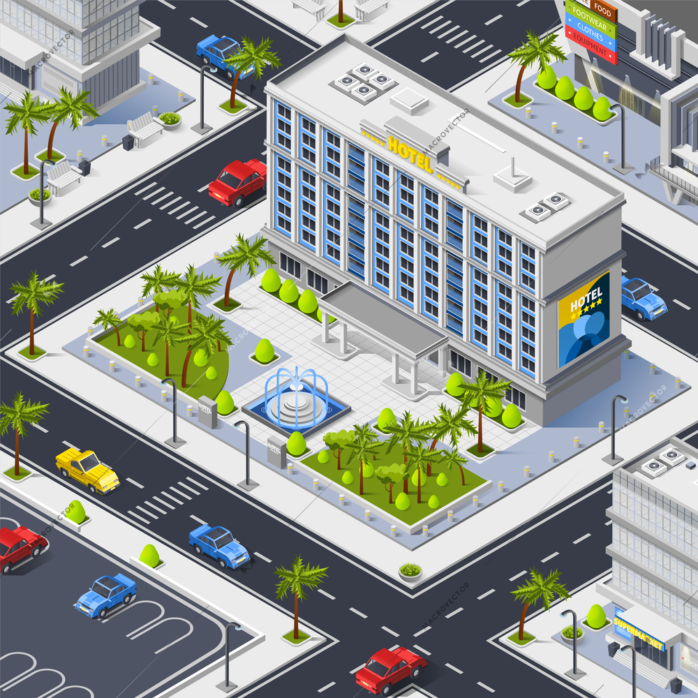 Fragment of city top view with streets luxury hotel building and car parking isometric vector illustration