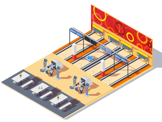 Bowling center isometric interior with game equipment including balls in return system, tables for visitors vector illustration