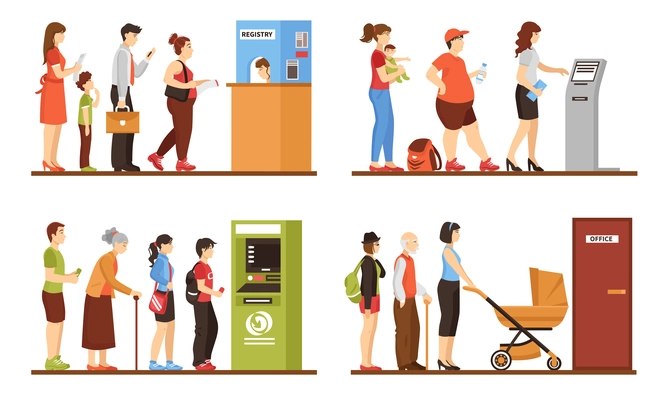 Queue people set with registry office and ATM symbols flat isolated vector illustration